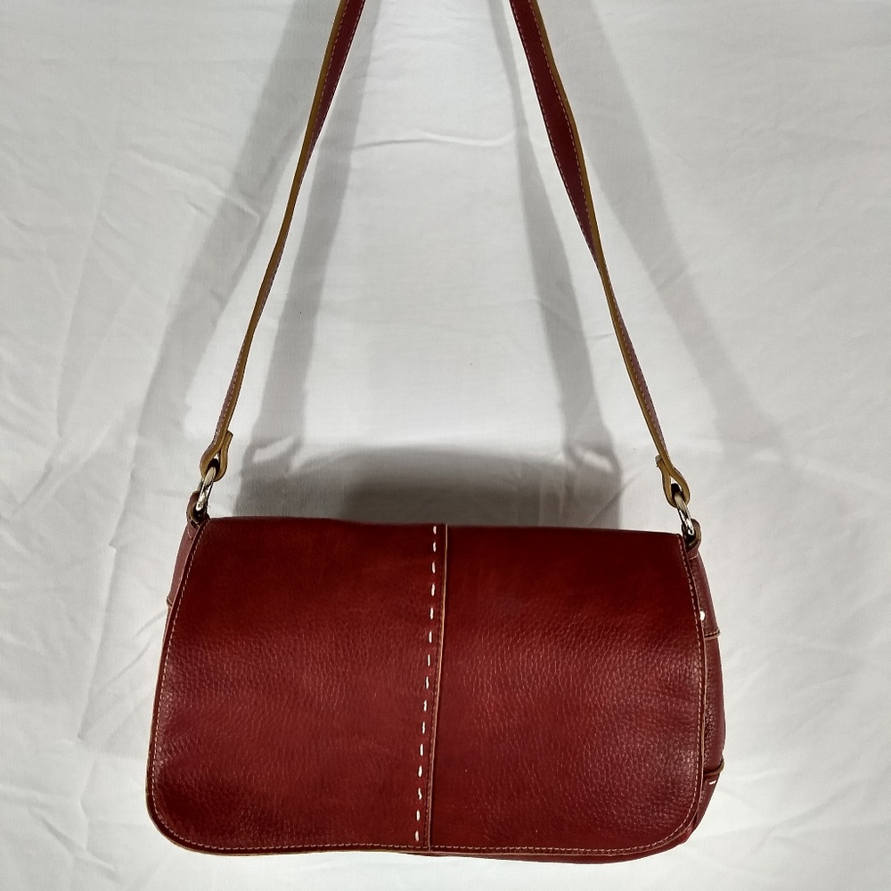 Red Pebbled Faux Leather Bag Heavy Stitch 13X8
